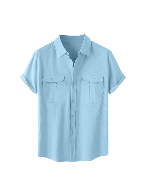 Cotton Linen Shirt for Men Button Down Short Sleeve Lapel Breathable Blouses Summer Work Dress Tops with 2 Pockets Light Blue-A