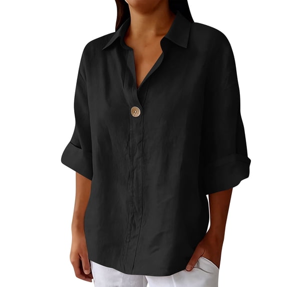 FRSASU Cotton Linen Shirts for Women Buttons V Neck 3/4 Sleeve Tops Solid Color Casual Boho Beach Blouses Cozy Loose Fit Basic T-Shirts Black