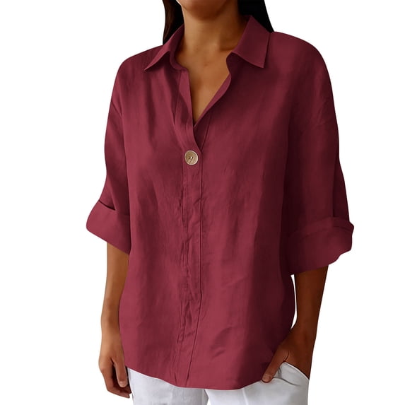 FRSASU Cotton Linen Shirts for Women Buttons V Neck 3/4 Sleeve Tops Solid Color Casual Boho Beach Blouses Cozy Loose Fit Basic T-Shirts Wine