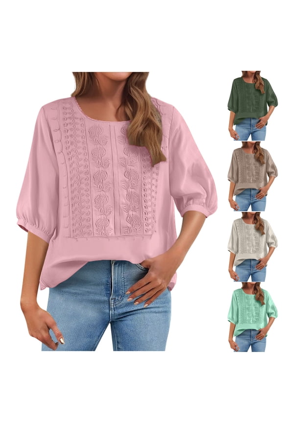 Cotton Linen Shirts for Women Summer Retro Embroidered 3/4 Sleeve Boho Tops Dressy Casual Blouses Loose Tunics Pink