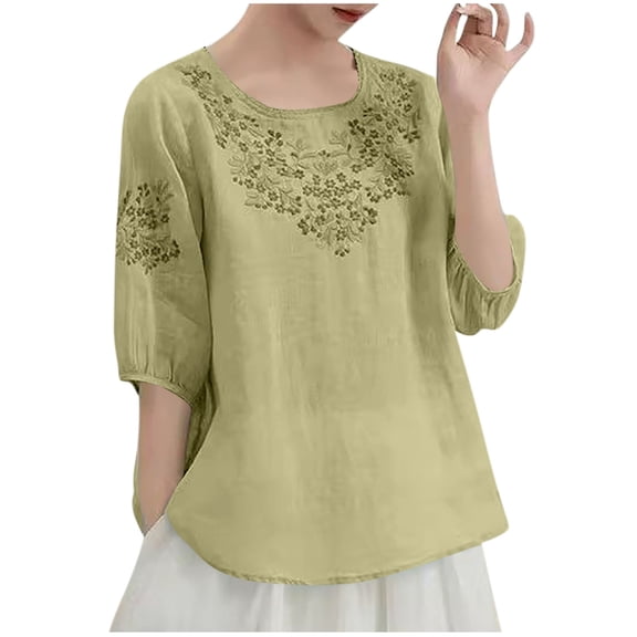 FRSASU Cotton Linen Shirts for Women Trendy Summer Retro Embroidered Half Sleeve Boho Blouse Dressy Casual Vacation Top Green