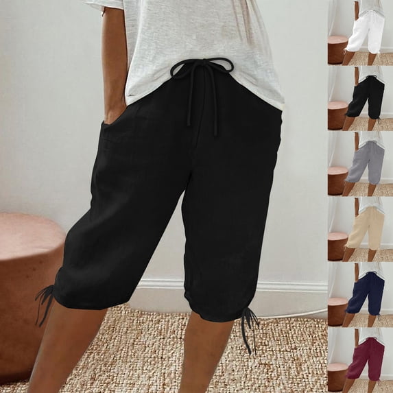 FRSASU Cotton Linen Shorts for Women Summer Solid Elastic Waist Casual Loose Fit Drawstring Bermuda Short White-B