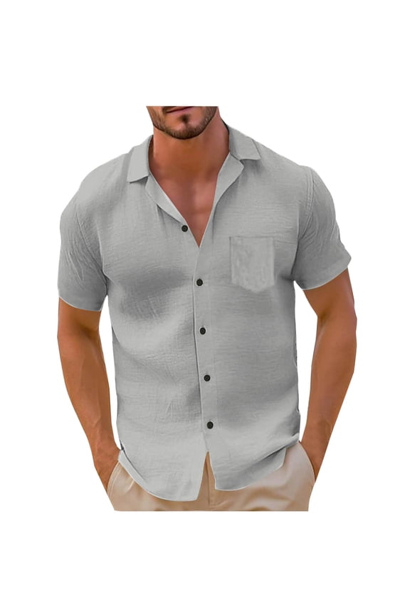 Cotton Linen for Mens Summer Fashion Casual Solid Button Pocket Short Sleeved Turndown Top Gray M