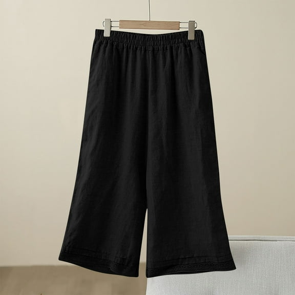 FRSASU Cotton and linen pants Women Summer Fashion Capris Pant Elastic Waist Straight Wide Leg Loose Cropped Trouser Black