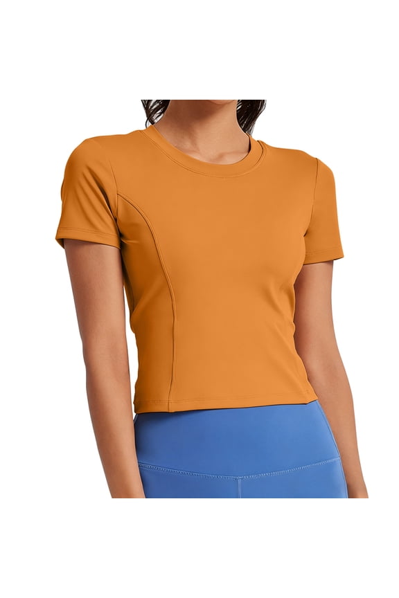 Crop Tops for Women Short Sleeve Open Back Shirts Tie Back Shirred Ruched Yoga Athletic Slim Fit Gym Workout Tops Orange