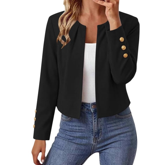 FRSASU Cropped Blazers for Women Dressy Short Suit Jackets Business Casual Open Front Long Sleeve Suit Jacket Cardigan Black-B