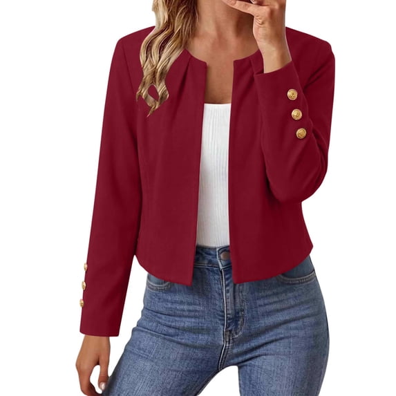 FRSASU Cropped Blazers for Women Dressy Short Suit Jackets Business Casual Open Front Long Sleeve Suit Jacket Cardigan Wine-B