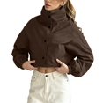 thumbnail image 1 of FRSASU Cropped Windbreaker Jacket for Women Stand Collar Button Up Short Coat with Side Pockets and Elastic Cuffs Coffee, 1 of 5