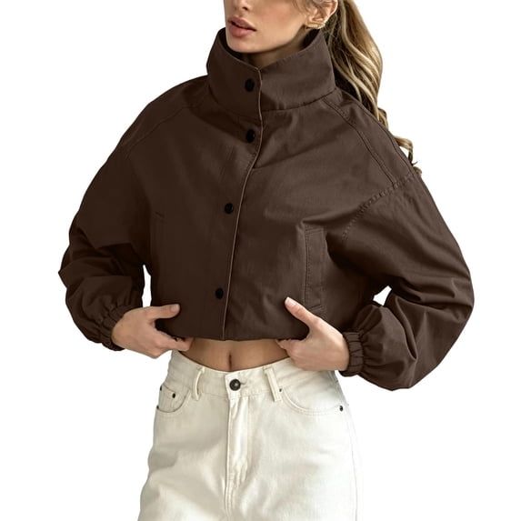 FRSASU Cropped Windbreaker Jacket for Women Stand Collar Button Up Short Coat with Side Pockets and Elastic Cuffs Coffee