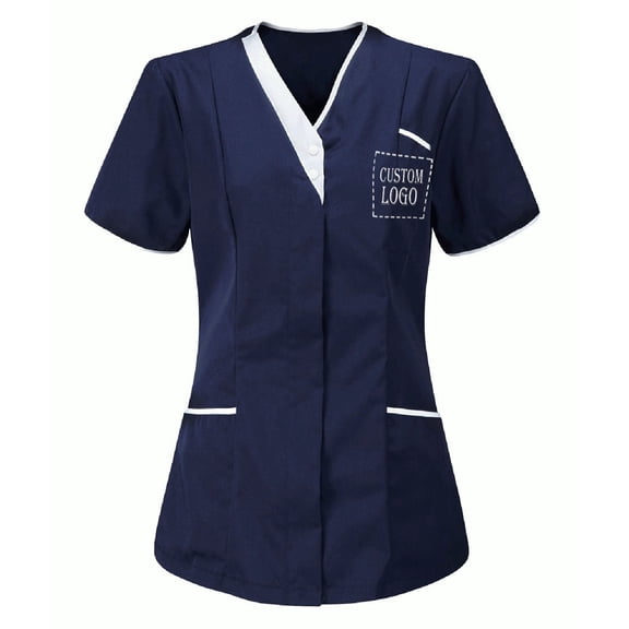 FRSASU Customer Customization Embroidered Women's Medical Scrub Top – Mock Wrap Design with Multiple Pockets Navy