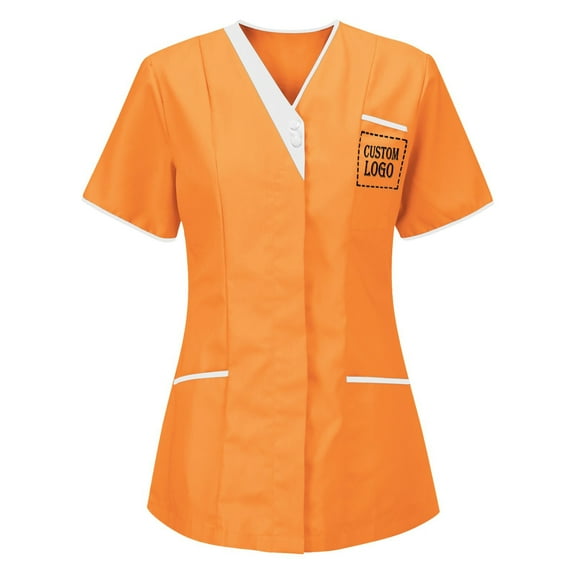 FRSASU Customer Customization Embroidered Women's Medical Scrub Top – Mock Wrap Design with Multiple Pockets Orange
