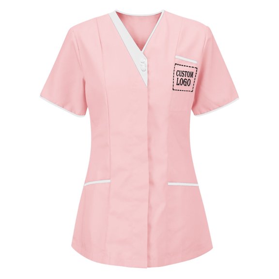 FRSASU Customer Customization Embroidered Women's Medical Scrub Top – Mock Wrap Design with Multiple Pockets Pink
