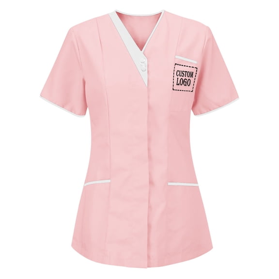 FRSASU Customer Customization Embroidered Women's Medical Scrub Top – Mock Wrap Design with Multiple Pockets Pink
