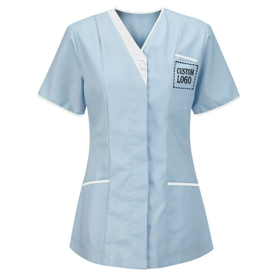 FRSASU Customer Customization Scrub Tops for Women Personalized Logo Medical Scrubs Shirts Customized V-Neck Nursing Uniform with Pockets Blue