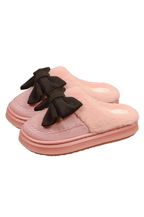 Cute Bow Slippers for Women,Fuzzy Fluffy Cozy Indoor Outdoor House Slippers Pink