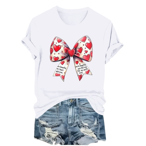 FRSASU Cute Heart Love Coquette Bow Valentine’s Day Women Short Sleeve Round Neck T-Shirt White