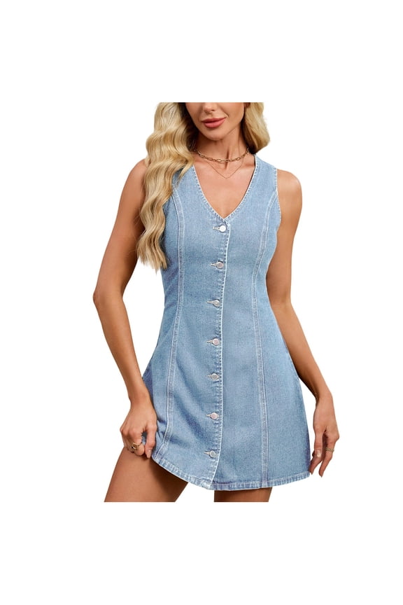 Denim Dress for Women Sleeveless Button Down Jean V-Neck Casual Slim Fit A-Line Swing Dresses Light Blue