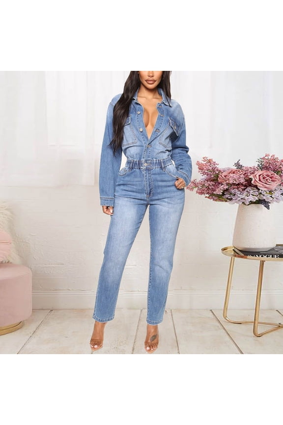 Denim Jumpsuit for Women Long Sleeve Button Down Jean Jumpsuit Stretch Slim Straight Leg Jeans Long Rompers Blue