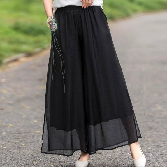 FRSASU Dress Pants for Women Fashion Wide Leg Boho Embroidery slit Plus Size Pant Elastic Waist Trousers Black