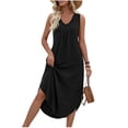 thumbnail image 1 of FRSASU Dress for Women Summer Casual Sleeveless Midi Pleated Tank V-Neck A Line Swing T-shirt Dress Black, 1 of 9