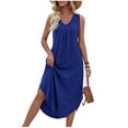 thumbnail image 1 of FRSASU Dress for Women Summer Casual Sleeveless Midi Pleated Tank V-Neck A Line Swing T-shirt Dress Blue, 1 of 9