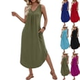 thumbnail image 1 of FRSASU Dress for Women Summer Casual Sleeveless Midi Pleated Tank V-Neck A Line Swing T-shirt Dress Red, 1 of 9