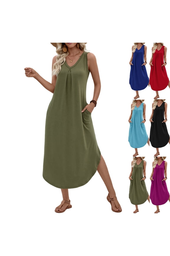 Dress for Women Summer Casual Sleeveless Midi Pleated Tank V-Neck A Line Swing T-shirt Dress Red