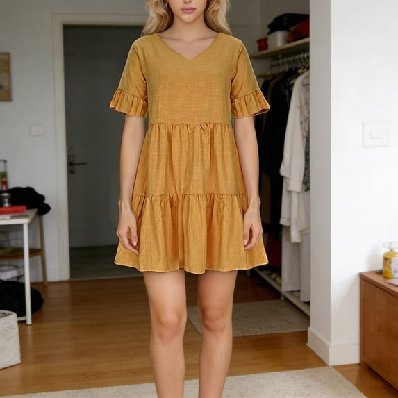 FRSASU Dresses for Women Casual Crew Neck Mid Ruffle Sleeve Pleated A-Line Summer Dresses Yellow