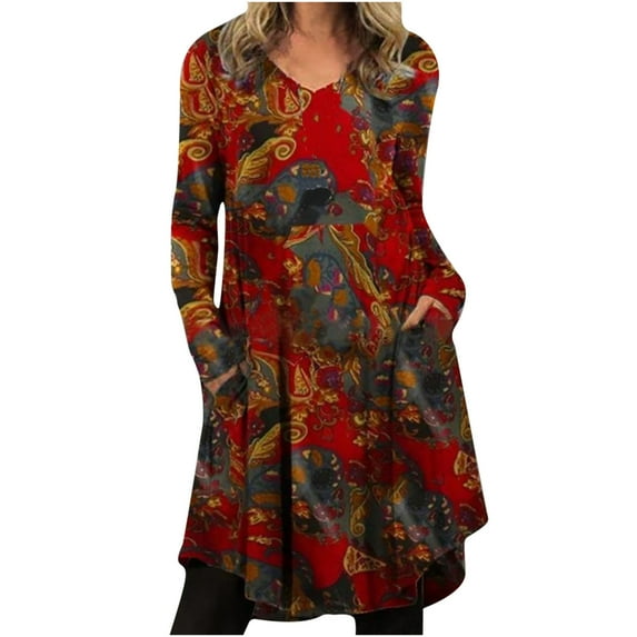 FRSASU Dresses for Women Fall Soft Long Sleeve formal Flower Irregular Tie-Dye Color Block Printing Fall Maxi Ladies Dress