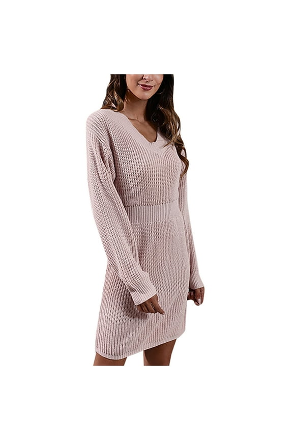 Dresses for Women Ladies V-Neck Drop Shoulder Long Sleeve Waist Waist Knitted Sweater Dress