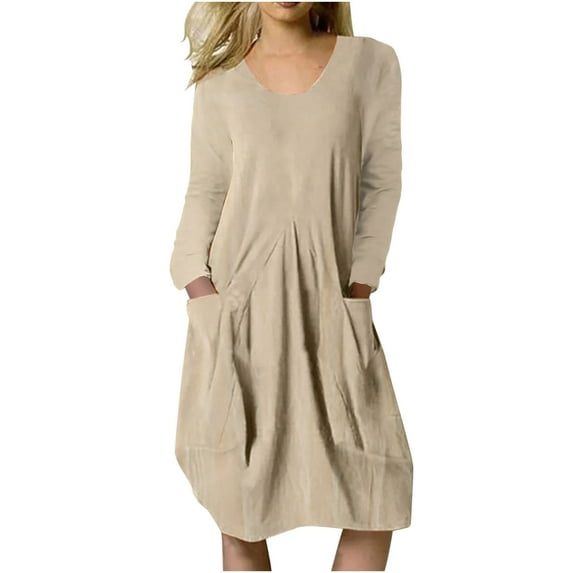 FRSASU Dresses for Women Spring and Autumn Cotton Linen Loose Solid Color Long Sleeve Pocket Dress