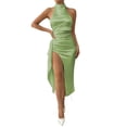 thumbnail image 1 of FRSASU Elegant Draped Ruched Maxi Dress for Women Fashion Crew Neck Sleeveless Thigh High Split Club Party Long Dress Green, 1 of 6