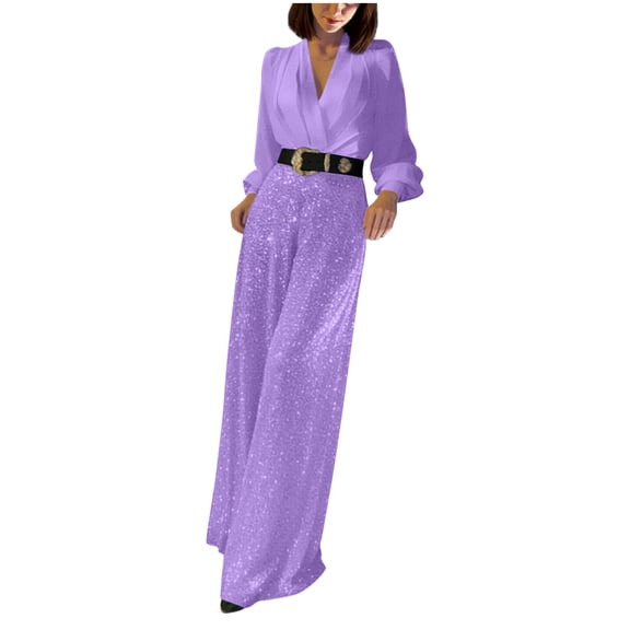 FRSASU Elegant V Neck Long Sleeve Shirt Sequined Pants with Belt,Women's Spring Fall Long Sleeve Wide Leg Jumpsuits Purple