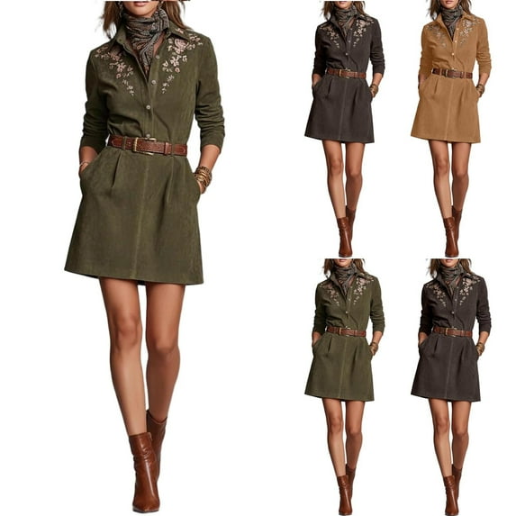 FRSASU Embroidered Maxi Dress for Women,Western Dresses Women Long Dress Suede Vintage V-Neck Long-Sleeve Loose Style Dress Green