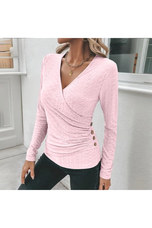 Fall tight-fitting Tops for Women Long Sleeve Button Up Shirts Floral Tunics V Neck Pullover Blouse Pink