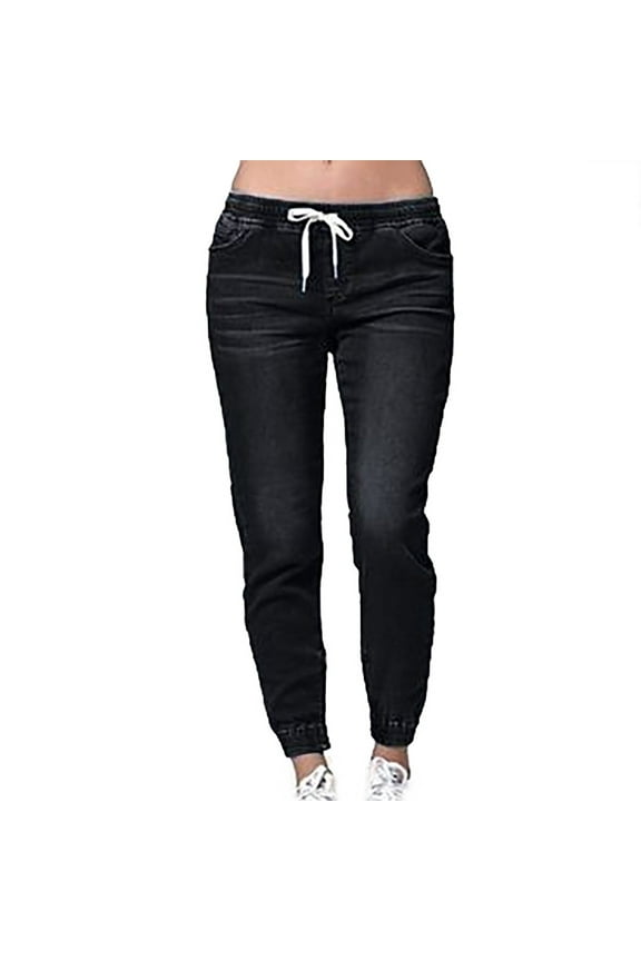 Fashion Casual Denim Joggers for Women Jean with Drawstring high waisted Elastic Loose Denim Pants Black