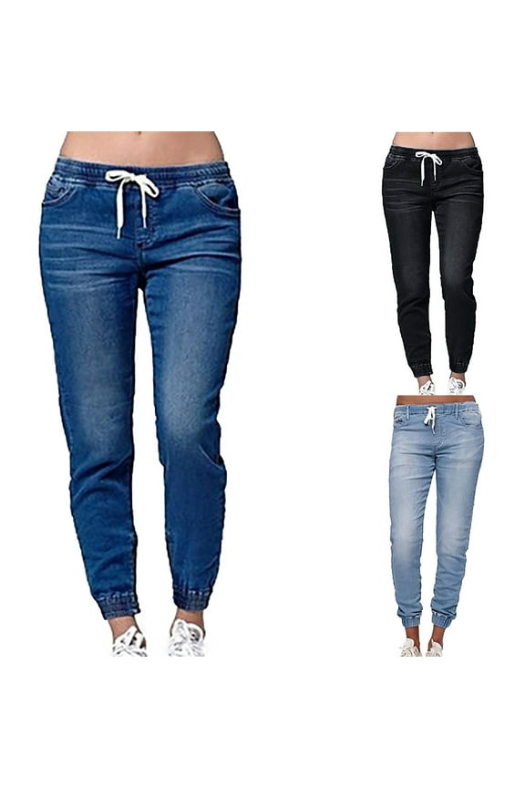 Fashion Casual Denim Joggers for Women Jean with Drawstring high waisted Elastic Loose Denim Pants Light Blue