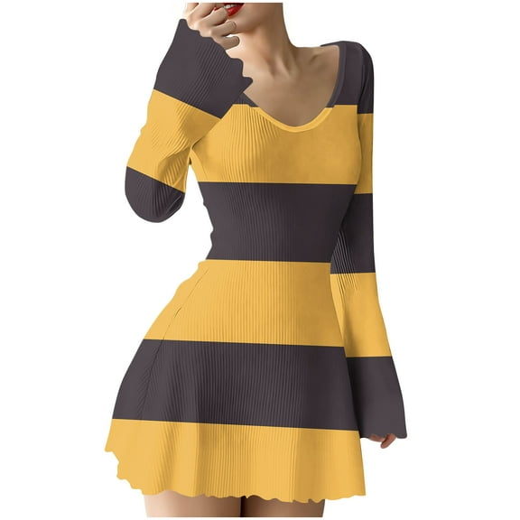 FRSASU Fashion Sweater Dress for Women Spring Fall Striped Long Sleeve V-Neck Soft Ribbed Knit Fit and Flare A-Line Dresses Yellow