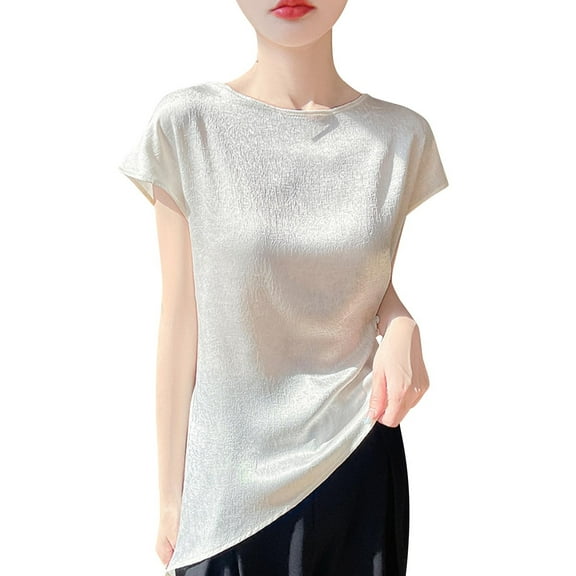 FRSASU Fashion Tops for Women Satin Silk Blouse Round Neck Short Sleeve Work Shirts Dressy Tops Summer Clothes Beige