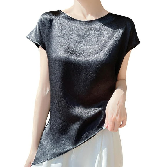 FRSASU Fashion Tops for Women Satin Silk Blouse Round Neck Short Sleeve Work Shirts Dressy Tops Summer Clothes Black
