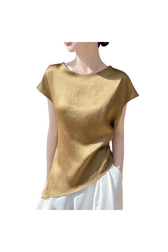 Fashion Tops for Women Satin Silk Blouse Round Neck Short Sleeve Work Shirts Dressy Tops Summer Clothes Gold
