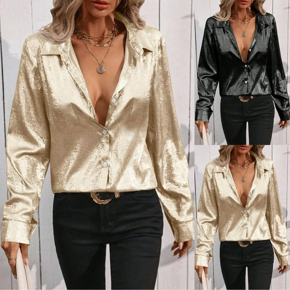 FRSASU Fashion Women's Shirt Solid Color Turndown Collar Casual Button Long Sleeve Button Top Gold XL(XL)
