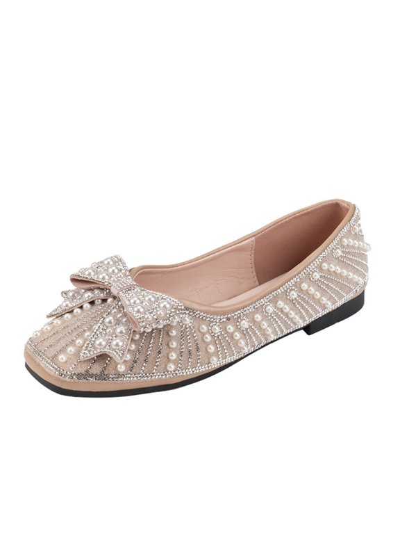 Flats for Women Bling Casual Pearl French Bow Shoe with Soft Sole for Lazy People To Step Beige 7(39)