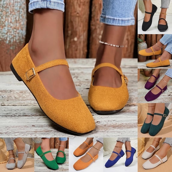 FRSASU Flats for Women Dressy Square Toe Ankle Strap Mary Jane Shoes Casual Slip On Flats Comfortable Ballet Purple