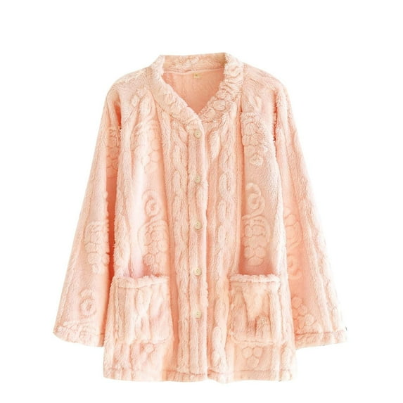 FRSASU Fleece Pajamas Women Cozy Warm Pajamas Tops for Women Fuzzy V Neck Button up Sleepwear Long Sleeve Winter Home Clothes Pink