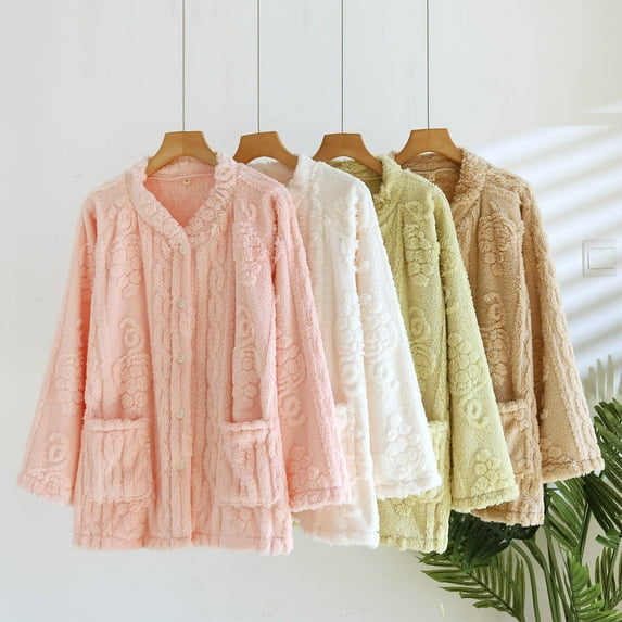 FRSASU Fleece Pajamas Women Cozy Warm Pajamas Tops for Women Fuzzy V Neck Button up Sleepwear Long Sleeve Winter Home Clothes Yellow