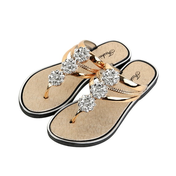 FRSASU Flip Flops for Women,Flat Bottomed Toed Clip Water Diamond Beach Sandals Non-Slip Flip Flops Gold 5.5(36)