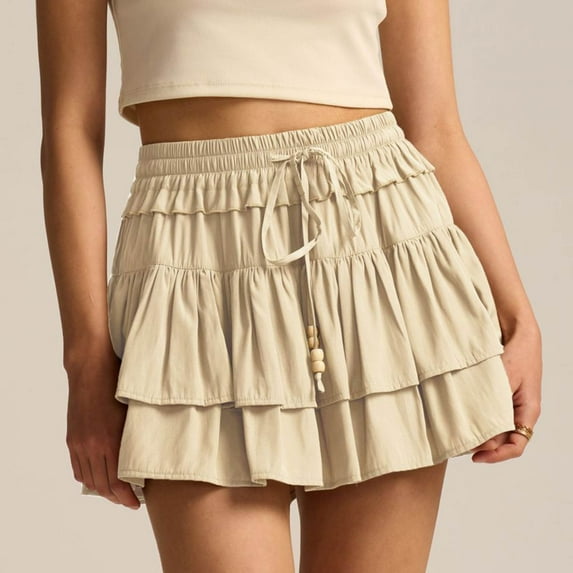 FRSASU Flowy Shorts for Women Boho Ruffled Tiered Skorts Casual High Waist Mini Skirts Tennis Golf Comfy Shorts Beige XL