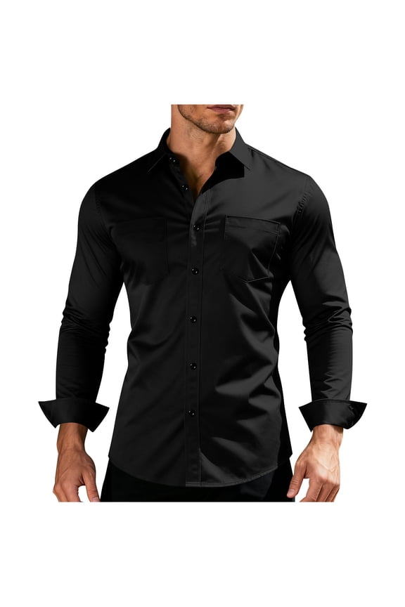 French Cuff Wrinkle Free Dress Shirts for Men Regular Fit Long Sleeve Stretch Shirt with Double Pockets Black