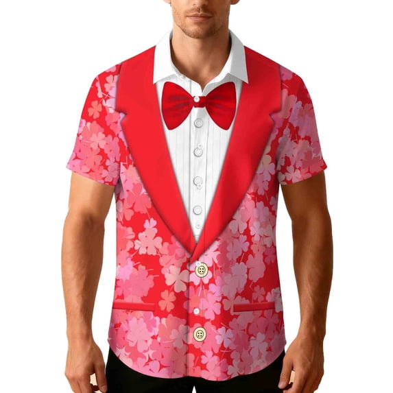 FRSASU Funny World Tuxedo Button Down Shirts for Men Valentine's Day Graphic Short Sleeve Party Tux Tee Casual Top Pink